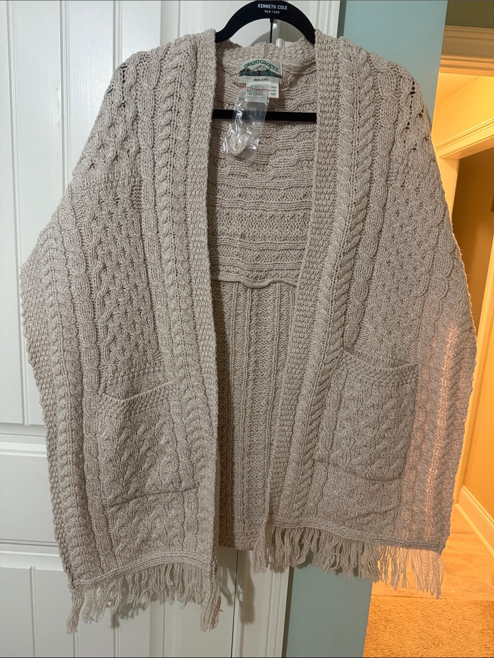 Aran Crafts Cream Cable-Knit Fringe Open Poncho Cardigan